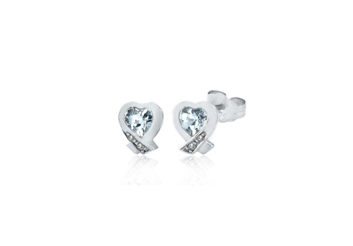 9ct White Gold 0.015t Diamond and 0.45t Aquamarine Heart Stud Earrings