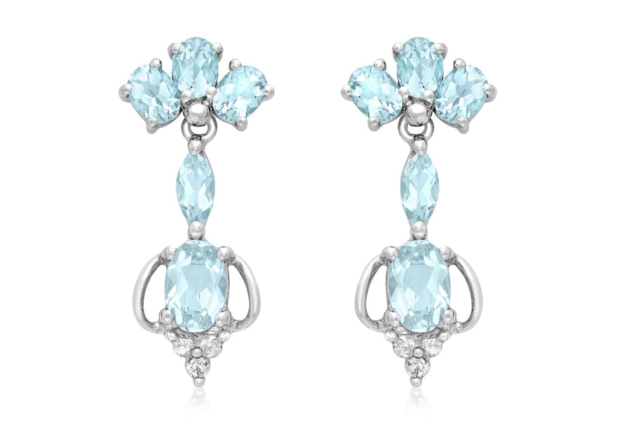 9ct White Gold 0.09ct Diamond and Blue Topaz Ornate Drop Earrings