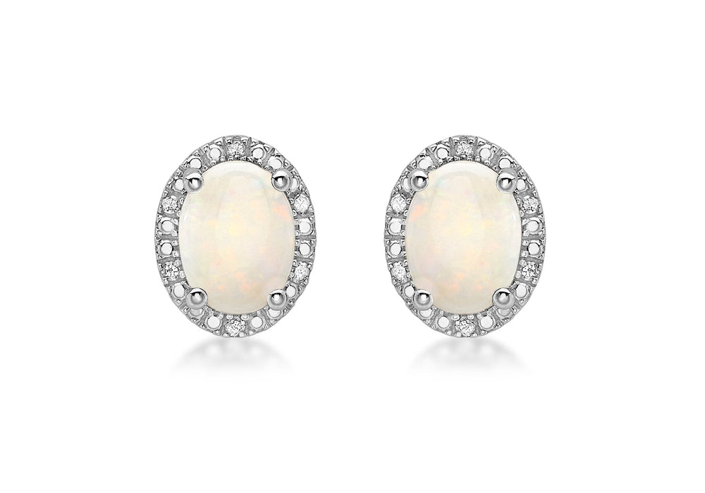9ct White Gold 0.06t Diamond and Opal Cluster Stud Earrings