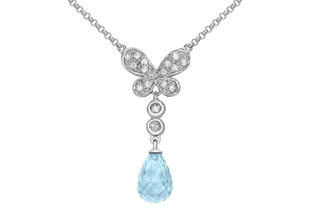 9ct White Gold 0.12ct Diamond Butterfly and Blue Topaz Drop Necklet 