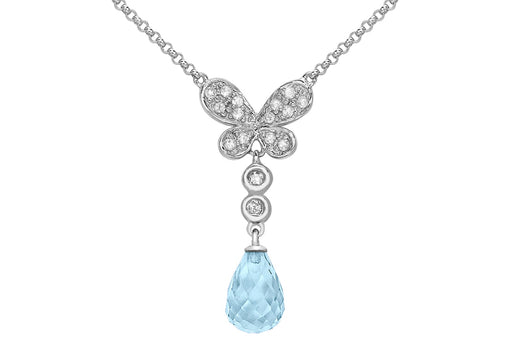 9ct White Gold 0.12ct Diamond Butterfly and Blue Topaz Drop Necklet 