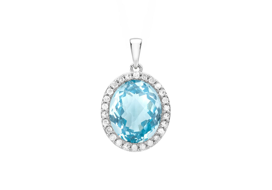 9ct White Gold 0.20t Diamond and Oval Blue Topaz 12mm x 15mm Pendant