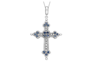 9ct White Gold 0.09ct Diamond and Sapphire Gothic Cross Pendant