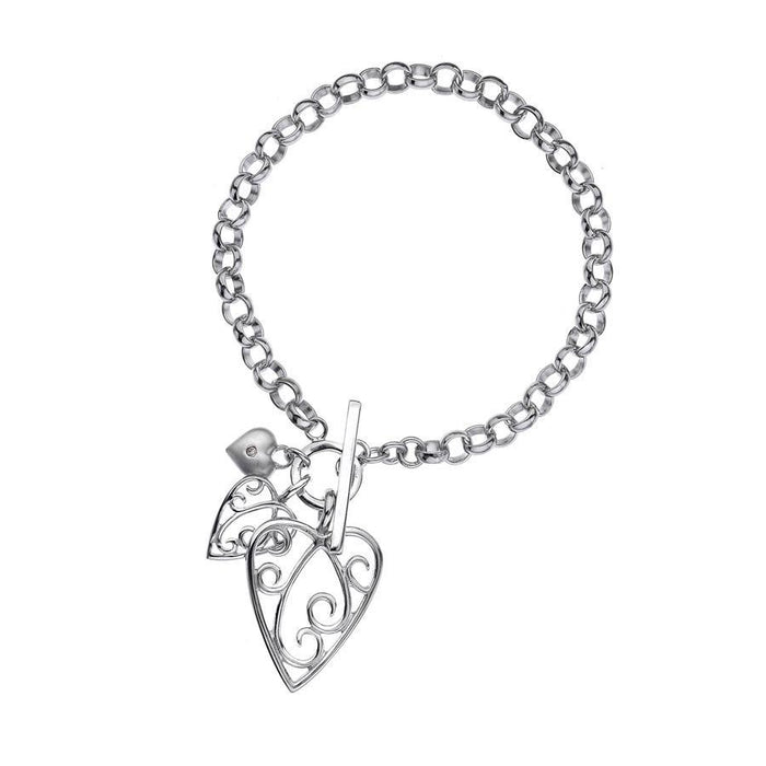 Sterling Silver 0.01ct T-Bar Bracelet with Two Scrolled Hearts and Signature Satin-Finish Heart Hand-Set with a Single Diamond Accent