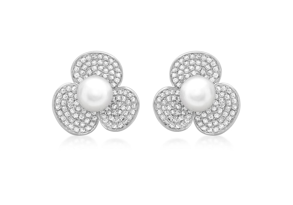 18ct White Gold 0.90t Diamond and Pearl Flower Stud Earrings