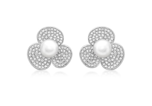18ct White Gold 0.90t Diamond and Pearl Flower Stud Earrings