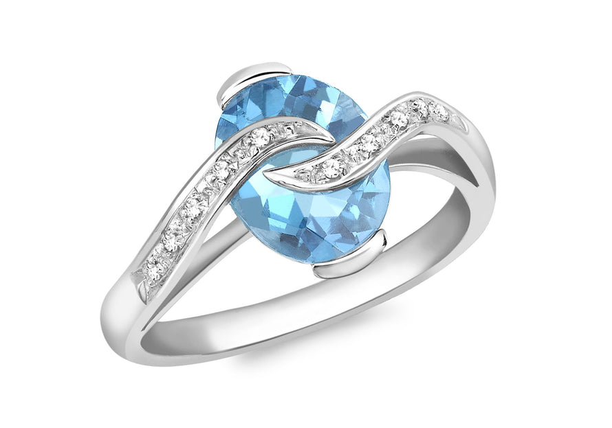 Diamond and Oval Blue Topaz Ring 18ct White Gold