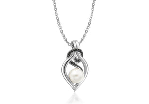 Sterling Silver Rhodium Plated Zirconia  and Pearl Knot Pendant on Adjustable Chain Necklace  41m/16" - 46m/18"9