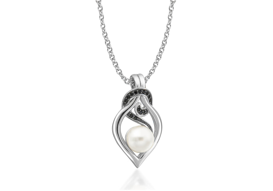 Sterling Silver Rhodium Plated Zirconia  and Pearl Knot Pendant on Adjustable Chain Necklace  41m/16" - 46m/18"9
