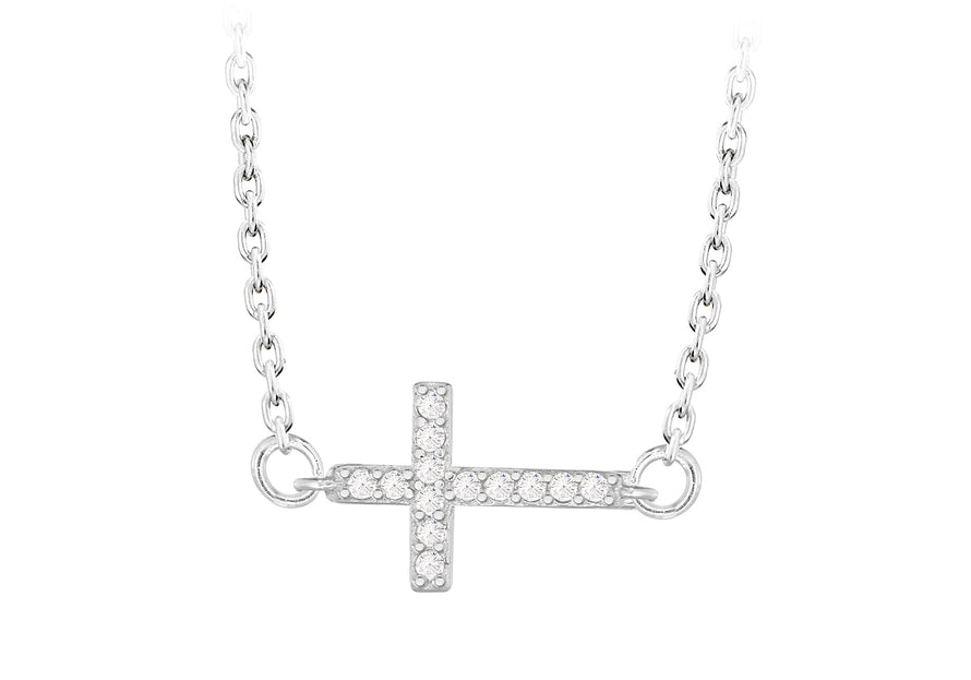 Sterling Silver Rhodium Plated Zirconia  Cross Adjustable Necklace  42m/16.5"-44.5m/17.5"9