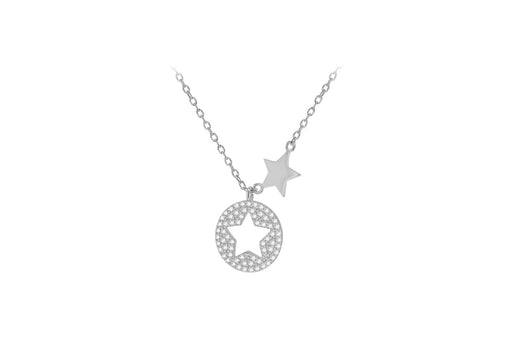 Sterling Silver Rhodium Plated Zirconia  13.3mm x 16.3mm CutoCut-Star Disc & Star Adjustable Necklace  43m/17"-46m/18"9