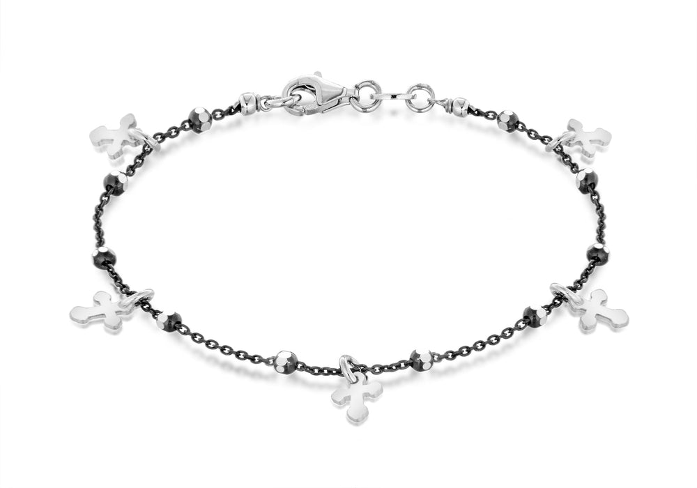 Sterling Silver Cross and Balls Black Chain Bracelet 19m/7.5"9