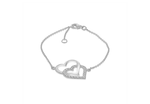 Sterling Silver Zirconia  Double-Heart Adjustable Bracelet 15m/6"-18m/7"9
