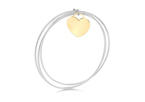 9ct Gold Heart Charm and Sterling Silver Triple Bangle