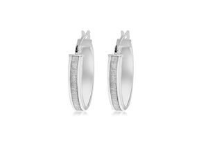 Sterling Silver Rhodium Plated 4mm x 22mm Glitter Band Creole Earrings
