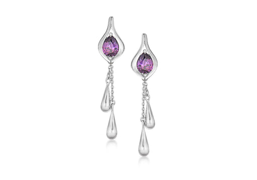 Sterling Silver Amythyst Zirconia  and Chain Drop Earrings