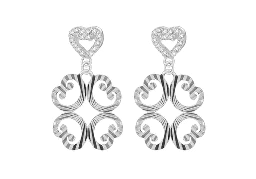 Sterling Silver Diamond Cut Zirconia  Heart Flower Drop Earrings
