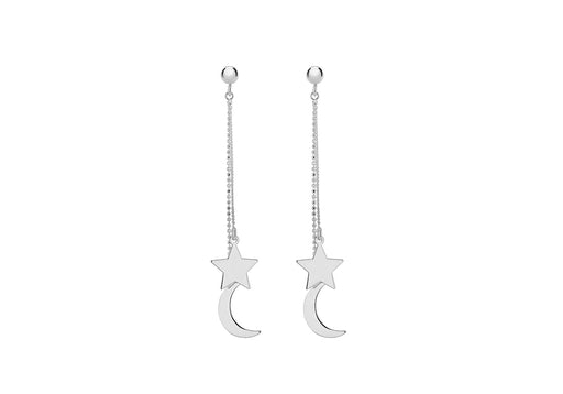 Sterling Silver Moon & Star Curb and Diamond Cut Ball Chain Drop Earrings