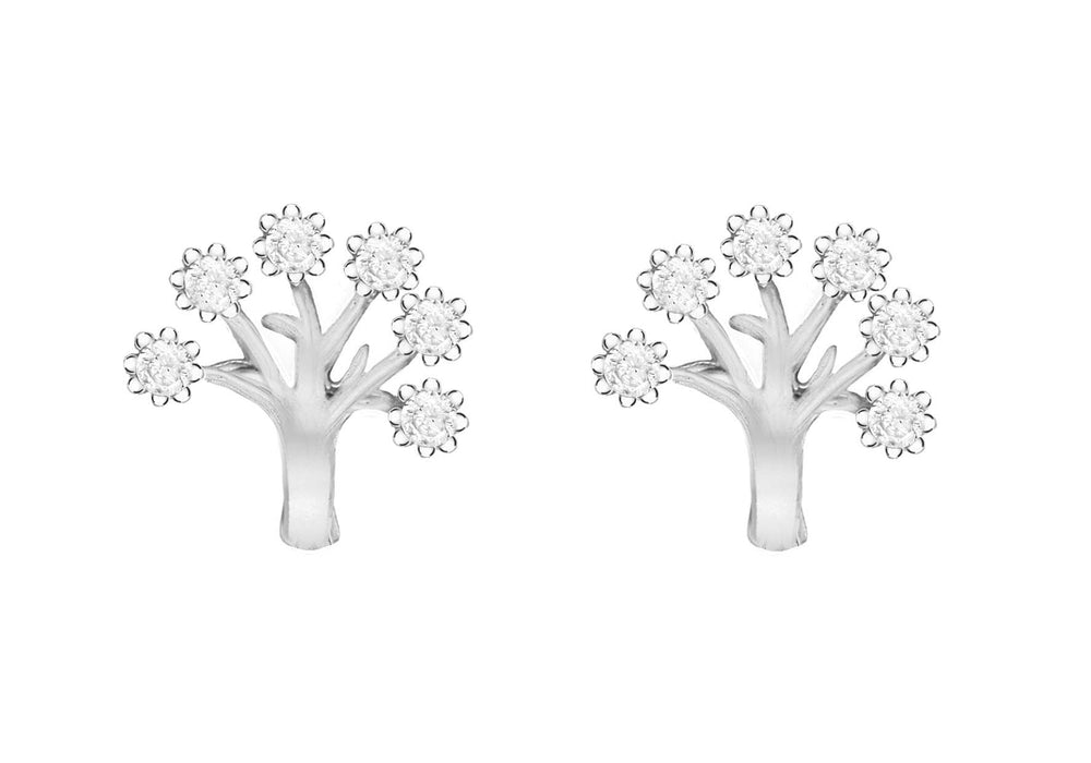 Silver Rhodium Plated Zirconia  9.5mm x 10mm 'Tree of Life' Stud Earrings