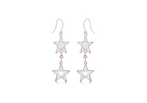 Sterling Silver Two Star Pink Crystal Drop Earrings 