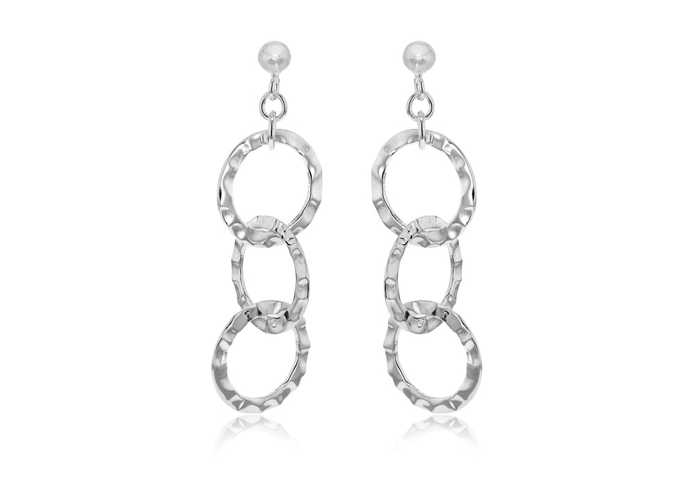 Sterling Silver Tri-Ring Hammered Drop Earrings 