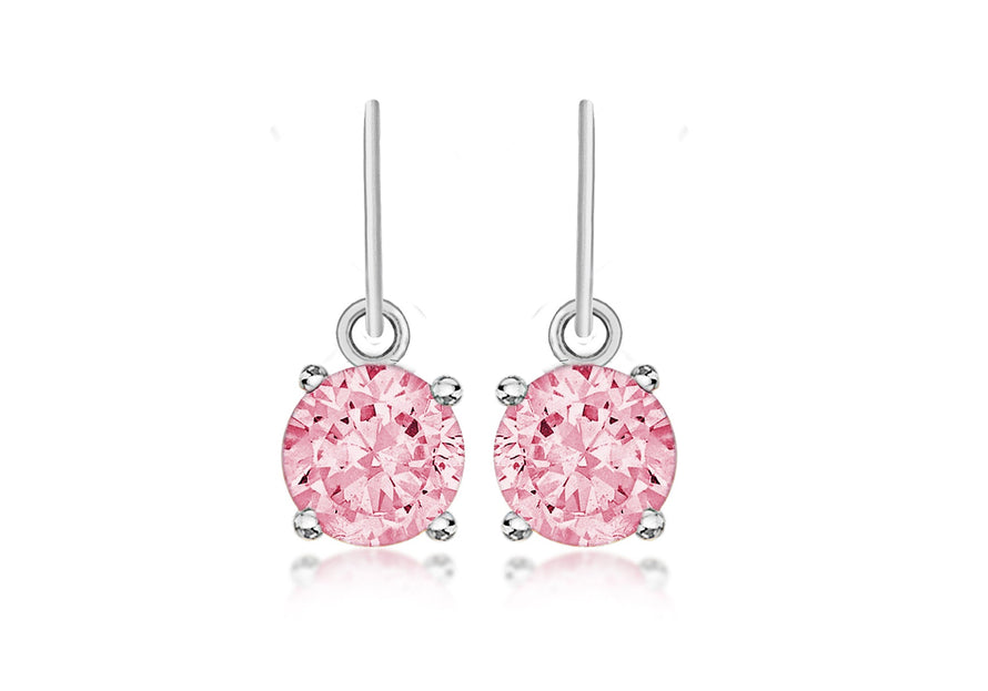 Sterling Silver Round Pink Stone Set Drop Earrings