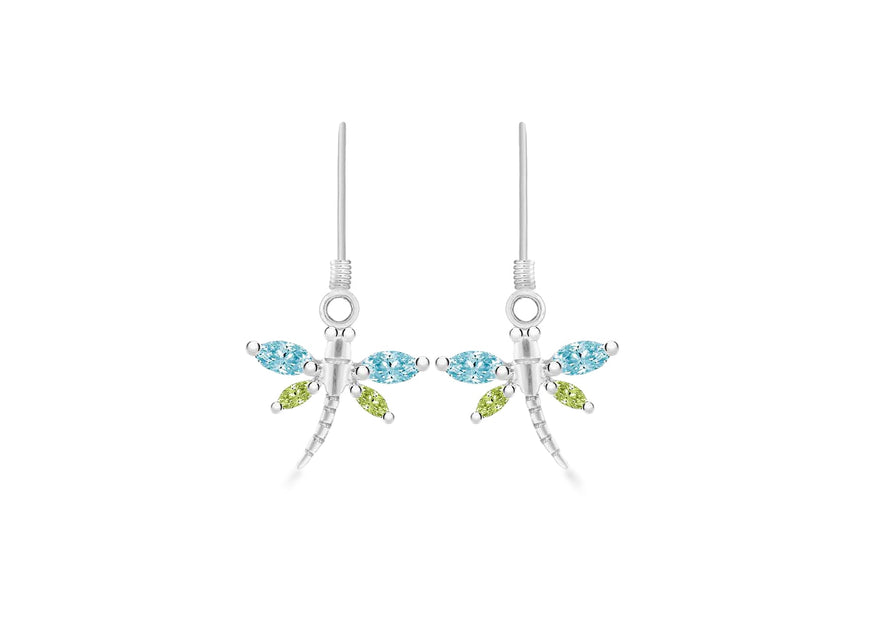Sterling Silver Blue & Green Crystal Dragonfly Drop Earrings