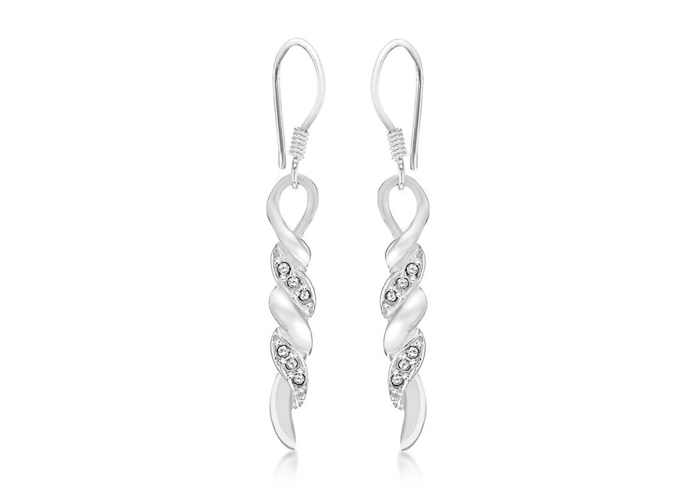 Sterling Silver White Crystal Twist Bar Drop Earrings