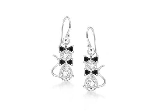 Sterling Silver Black & White Zirconia Cat Drop Earrings