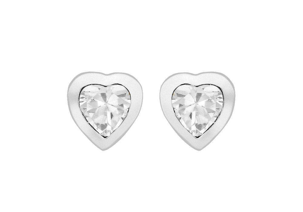 Sterling Silver White Zirconia Heart Stud Earrings 