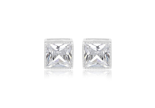 Sterling Silver White Stone Square Stud Earrings 