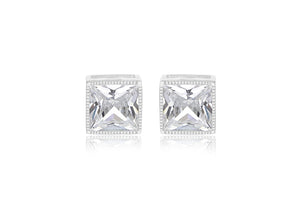 Sterling Silver White Zirconia Square Stud Earrings