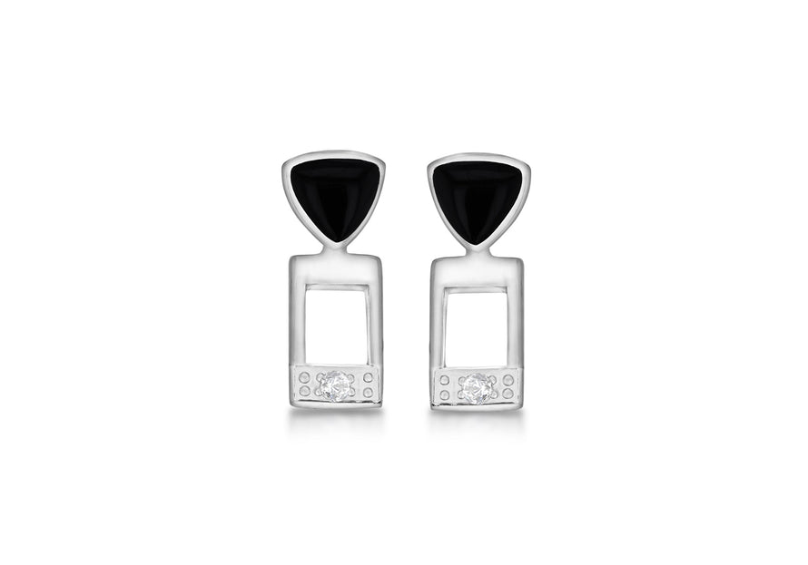Sterling Silver Rhodium Plated 0.2t Diamond and Onyx Stud Earrings