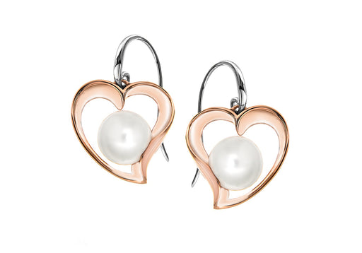 Sterling Silver Rose Gold Plated Pearl and CutoCut Fikle Heart Drop Earrings