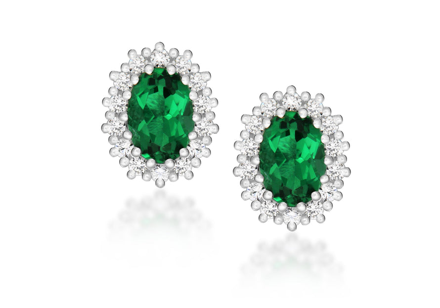 Sterling Silver White Zirconia  and Green Crystal Cluster Oval Stud Earrings