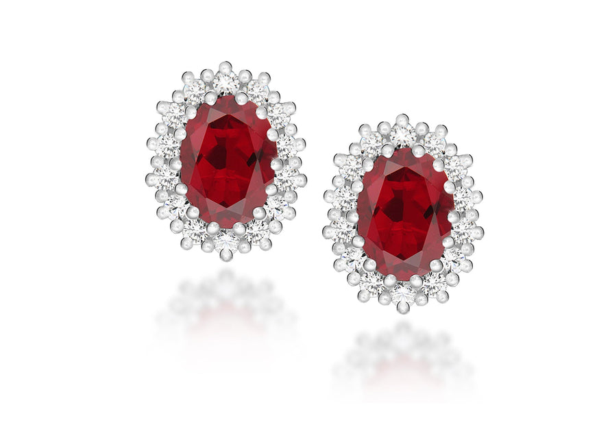 Sterling Silver White Zirconia Cluster and Red Crystal Oval Stud Earrings