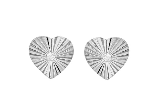 Sterling Silver Small Sunray Diamond Cut Zirconia  Heart Stud Earrings