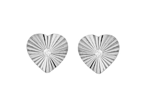 Sterling Silver Small Sunray Diamond Cut CZ Heart Stud Earrings