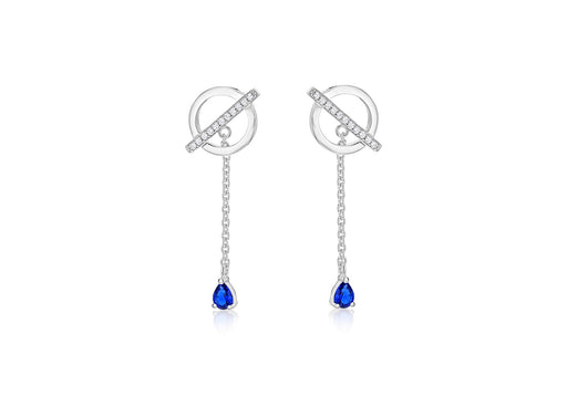 Sterling Silver Rhodium Plated White and Blue Zirconia  Set Circle Bar & Chain Drop Earrings