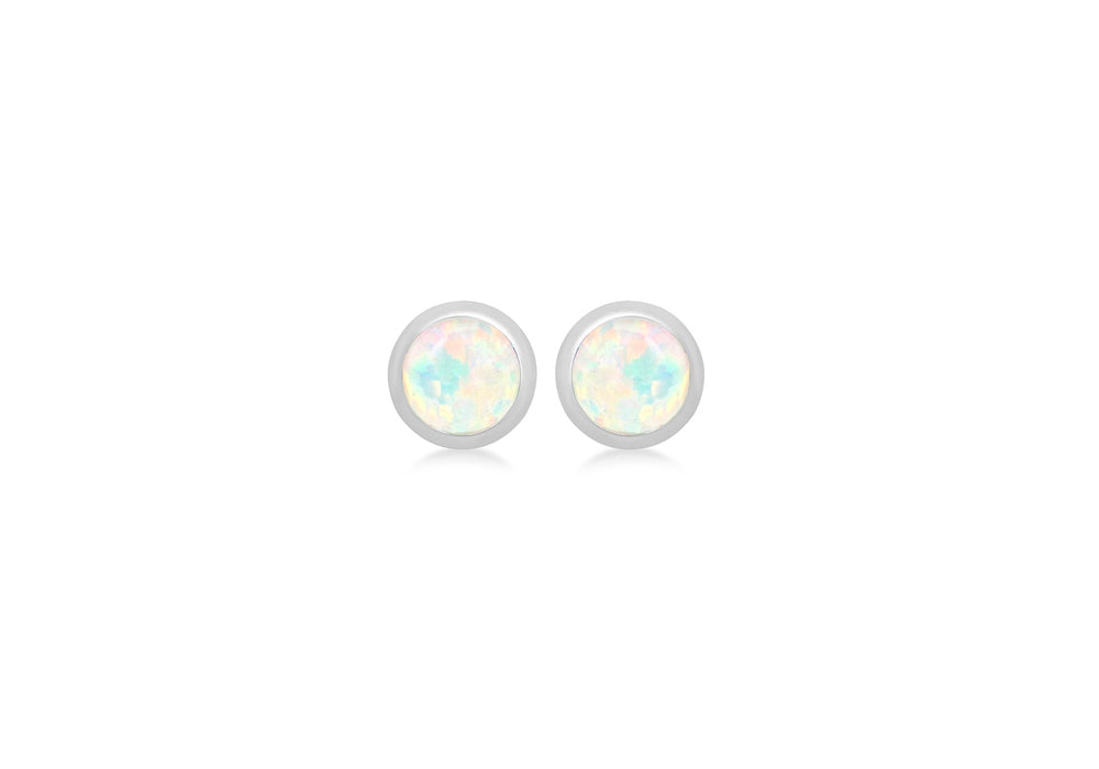 Sterling Silver White Cabochon Synthetic Opal Otober Birthstone Stud Earrings