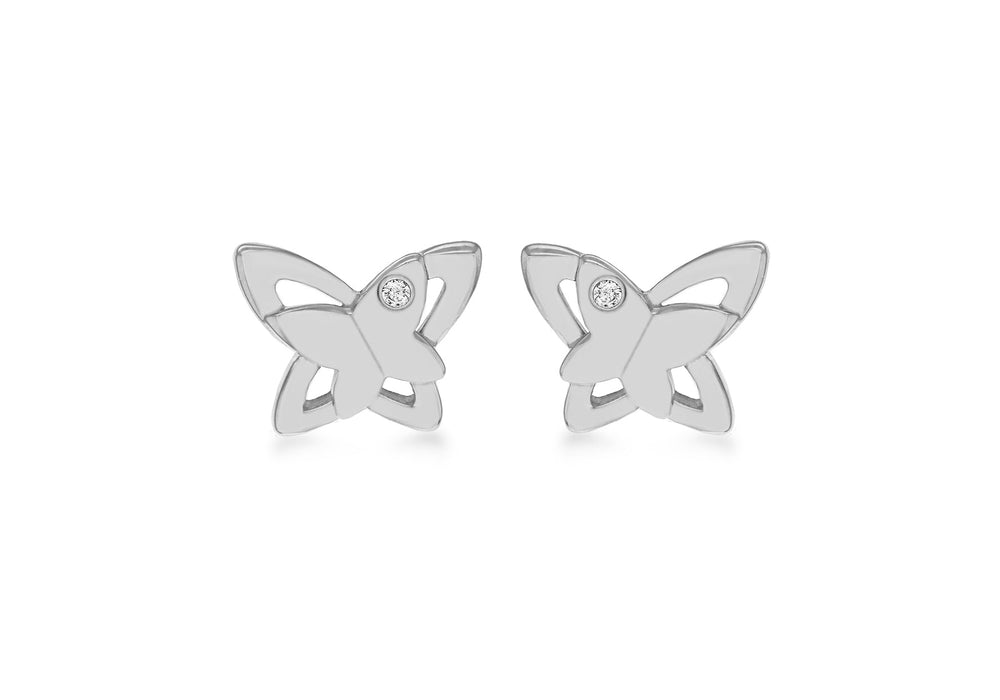 Sterling Silver Rhodium 0.02ct Diamond Satin Polished Double Butterfly Stud Earrings