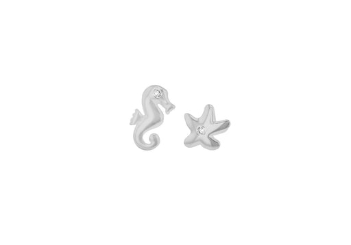 Sterling Silver Zirconia  8.2mm x 7.9mm Starfish and 5.6mm x 10.2mm Seahorse Asymmetric Stud Earrings
