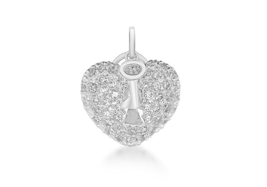 Sterling Silver White Zirconia  Heart Lok and Key Pendant