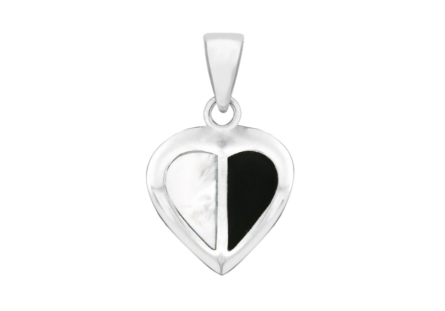 Sterling Silver White Mother of Pearl and Onyx Heart Pendant