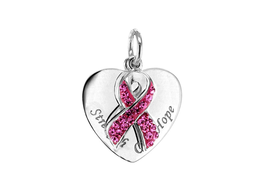 Sterling Silver Pink Crystal Heart Disc & Ribbon Pendant