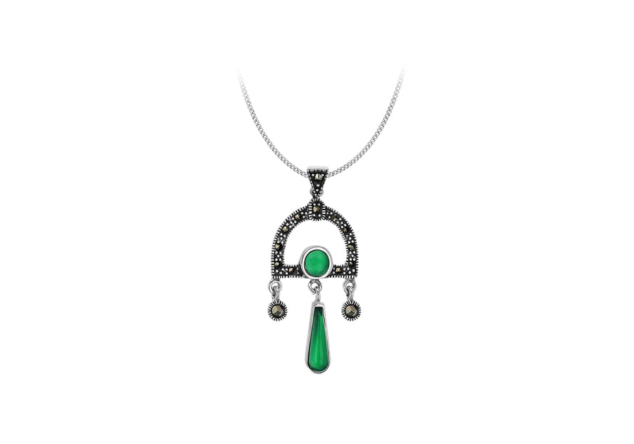 Sterling Silver Marcasite and Green Agate Pendant