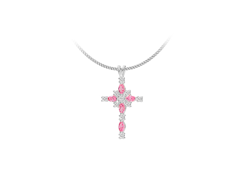 Sterling Silver Pink and White Zirconia  Ornate Cross Pendant