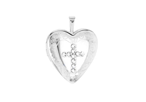 Sterling Silver Etched  Detail Zirconia  Cross Heart Locket