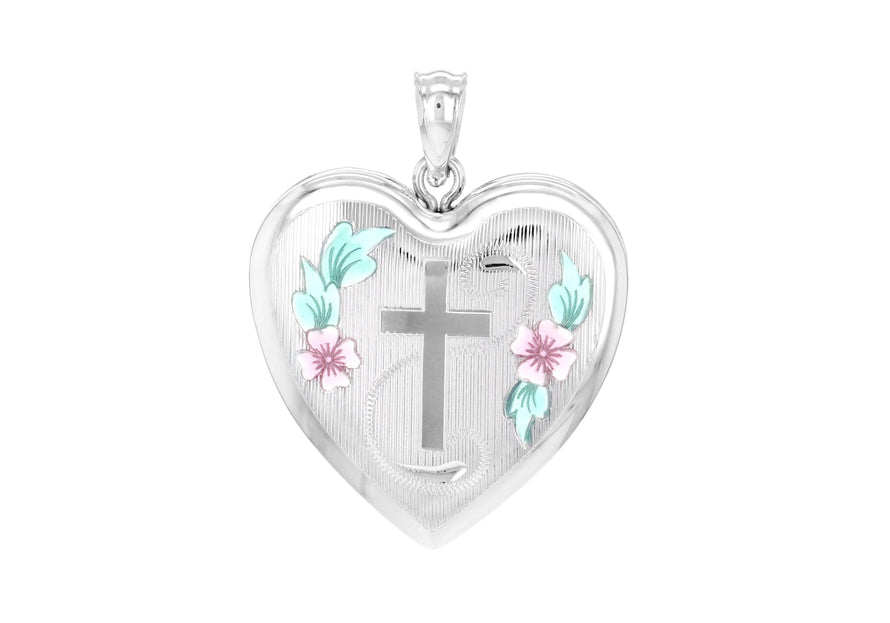 Sterling Silver Large Etched  Cross and Rose Heart Locket