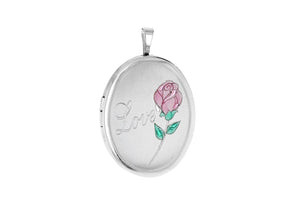 Sterling Silver Etched  'Love' and Rose Oval Locket